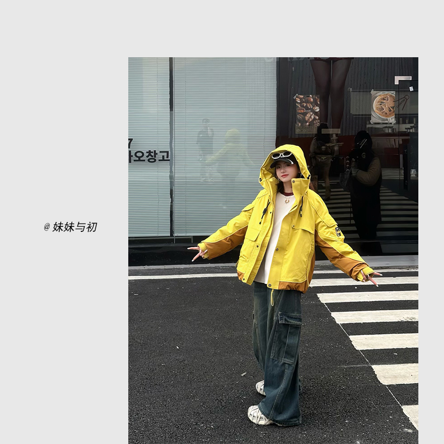 【妹妹专属】冬季男女同款潮牌拼色解构立体多口袋大口袋羽绒服6801