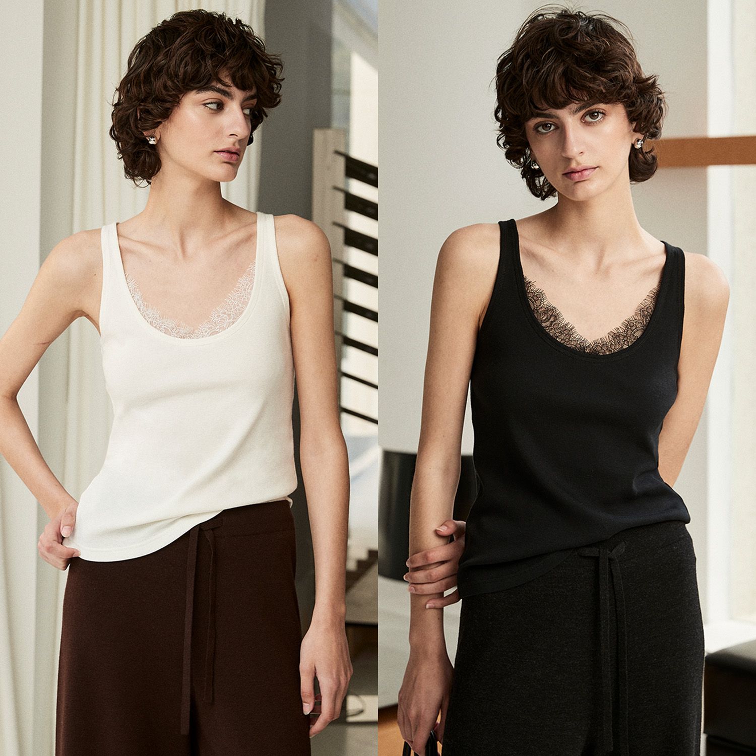 MARIUS‘睫毛背心’打底舒适柔软亲肤透气大u领修身蕾丝拼接背心