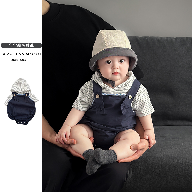 T25X97夏季男童韩系时尚薄款连帽条纹短袖上衣女宝宝连体包屁套装