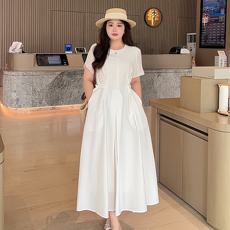 韩版chic环扣收腰显瘦连衣裙2025夏新款简约圆领长裙232574