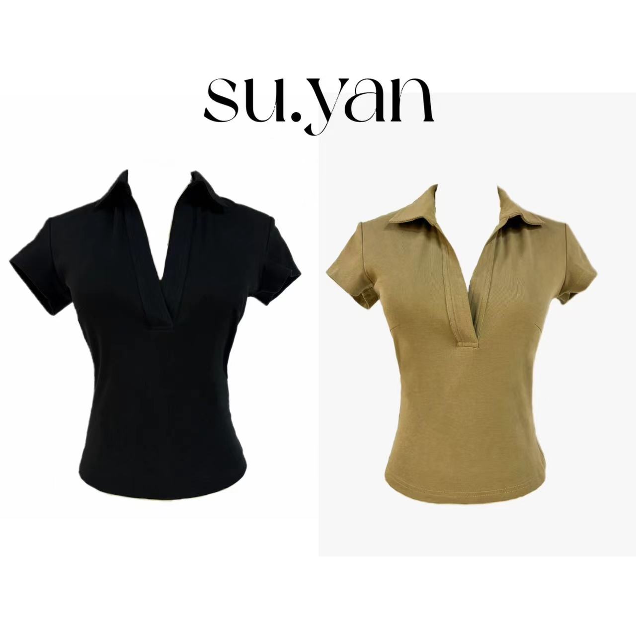 8079纯色polo翻领T恤正肩高腰短款