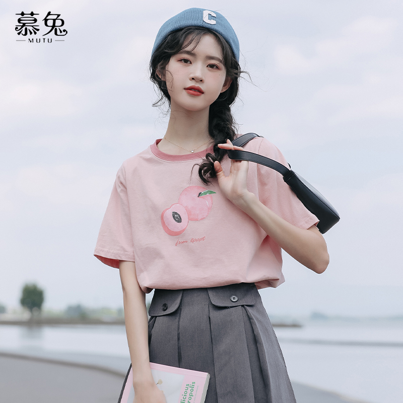慕兔ins宽松印花粉色短袖t恤女2025夏季新款设计感小众正肩上衣潮