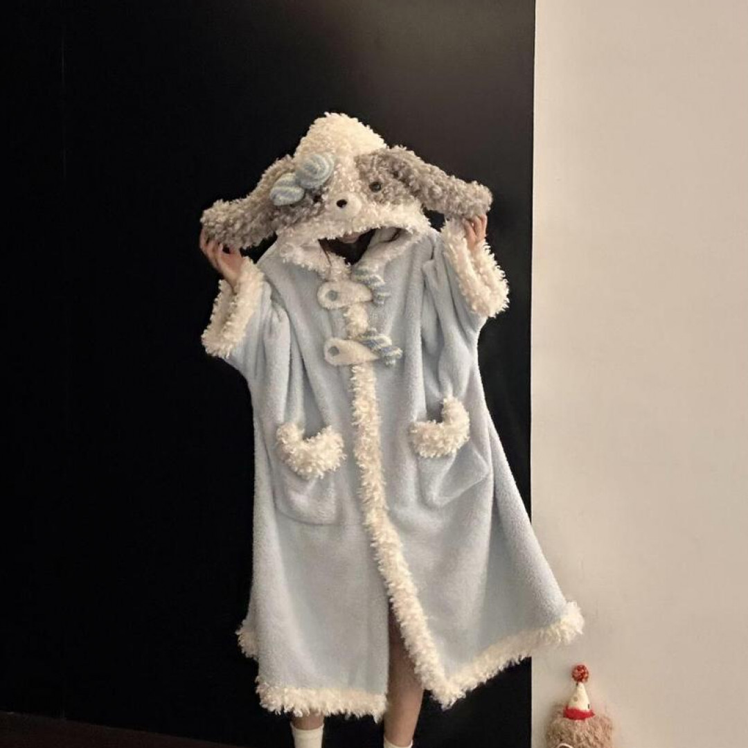 【蓝色小狗】冬款睡袍带袖子毛绒睡衣加厚睡衣外穿甜美可爱宽松显瘦