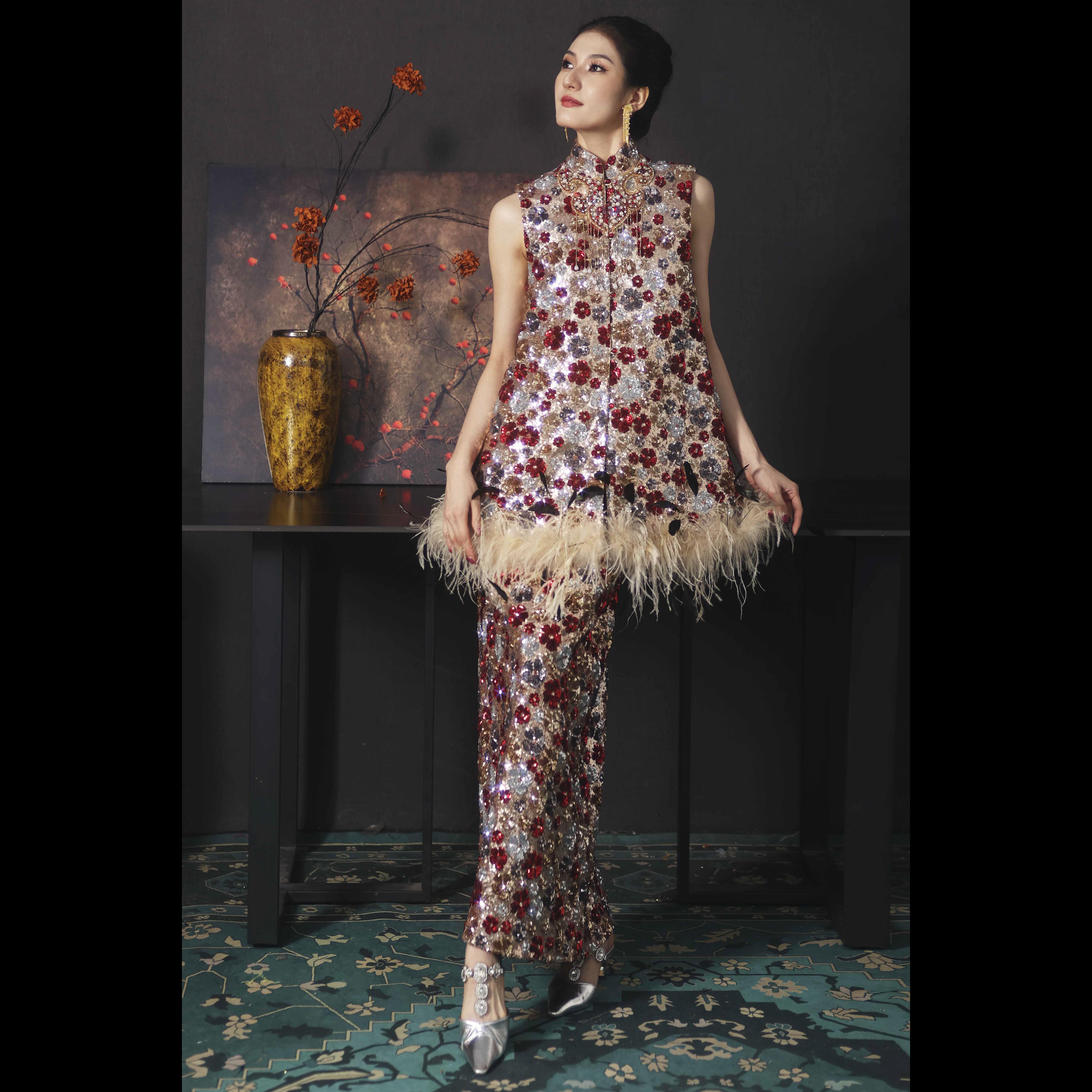 《红金繁花·羽饰国风裙套》     洵美轻奢女装半裙