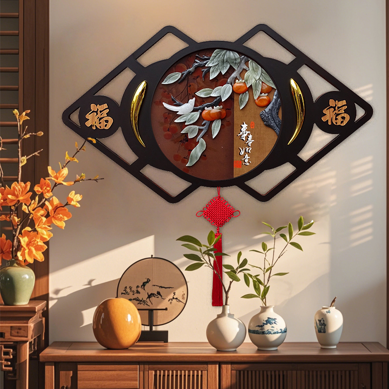 新中式事事如意入户玄关正对门装饰画中国结木雕画玉石画玉雕挂画