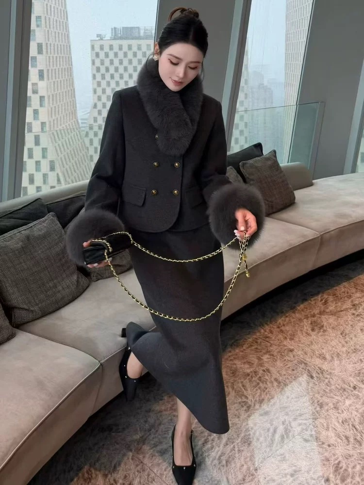 轻奢毛毛小香风充棉套装冬季气质半身裙两件套