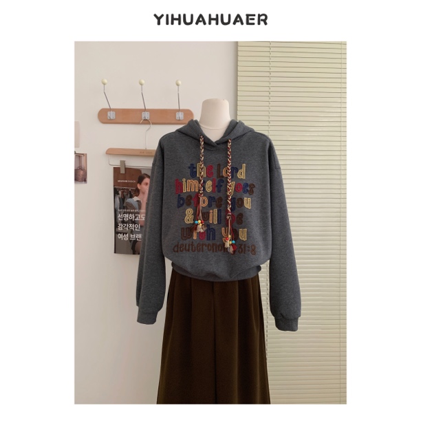 东大门圆领宽松百搭连帽字母刺绣百搭休闲简约设计感卫衣4219