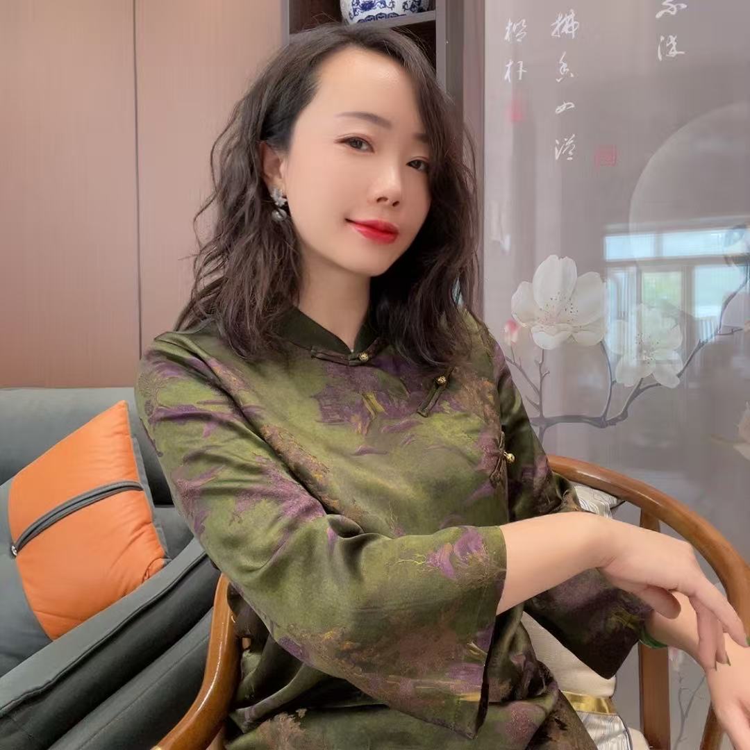 [佳佳】江山如画复古中式立领微喇袖短版上衣