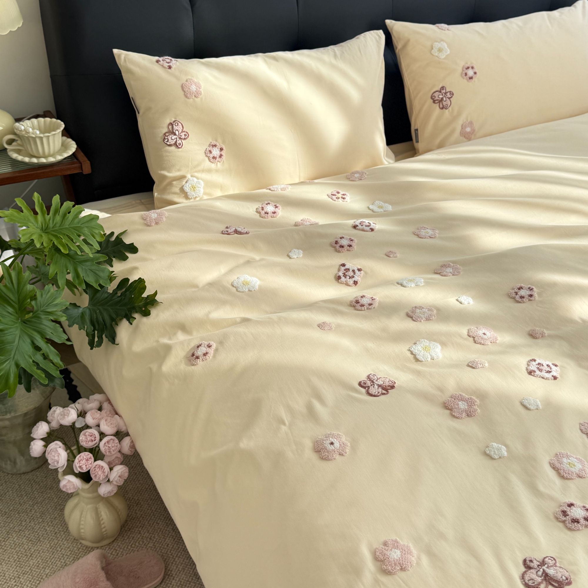 【米儿】粉黛*花愈 全棉新疆棉贡缎磨毛毛巾绣简约法式松弛感四件套