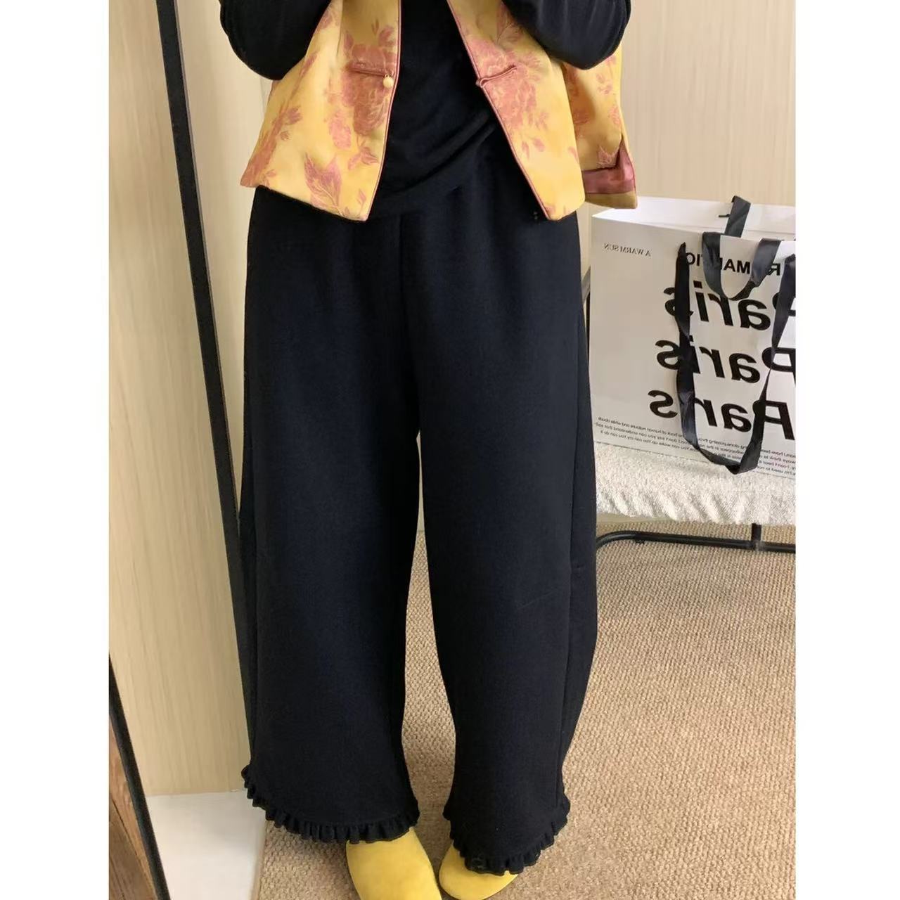 2025冬季加厚花边羊毛休闲裤女小个子松紧腰超好看遮肉显瘦阔腿裤