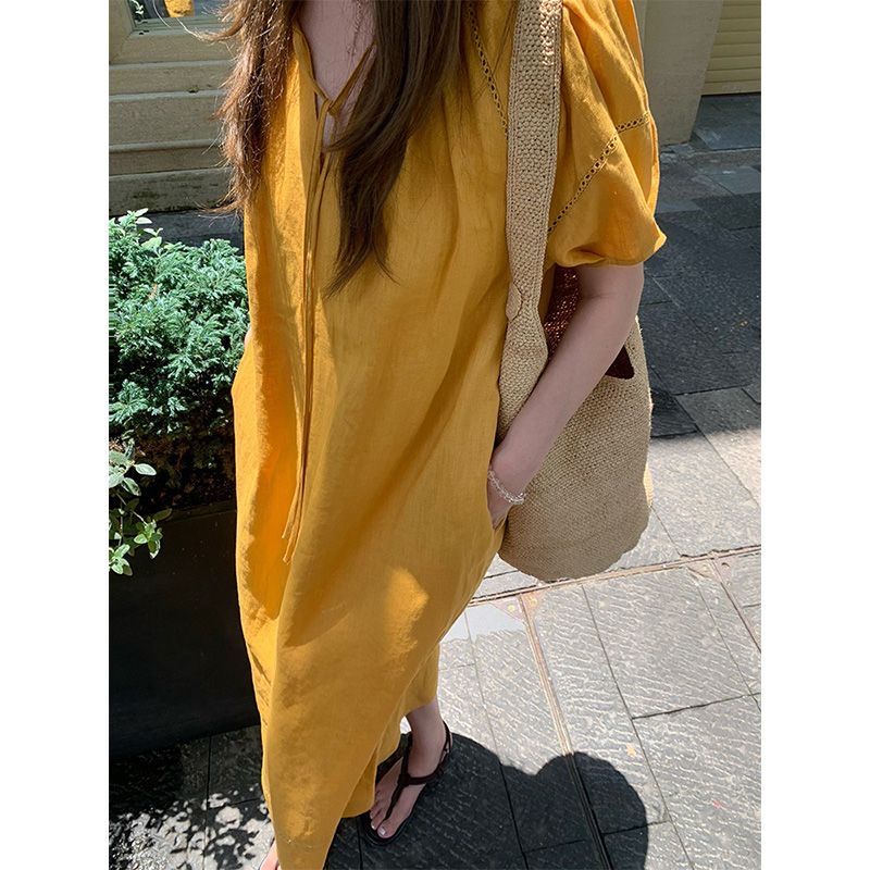 国风麻料连衣裙长款复古显瘦休闲夏季外穿小众宽松中长款设计感