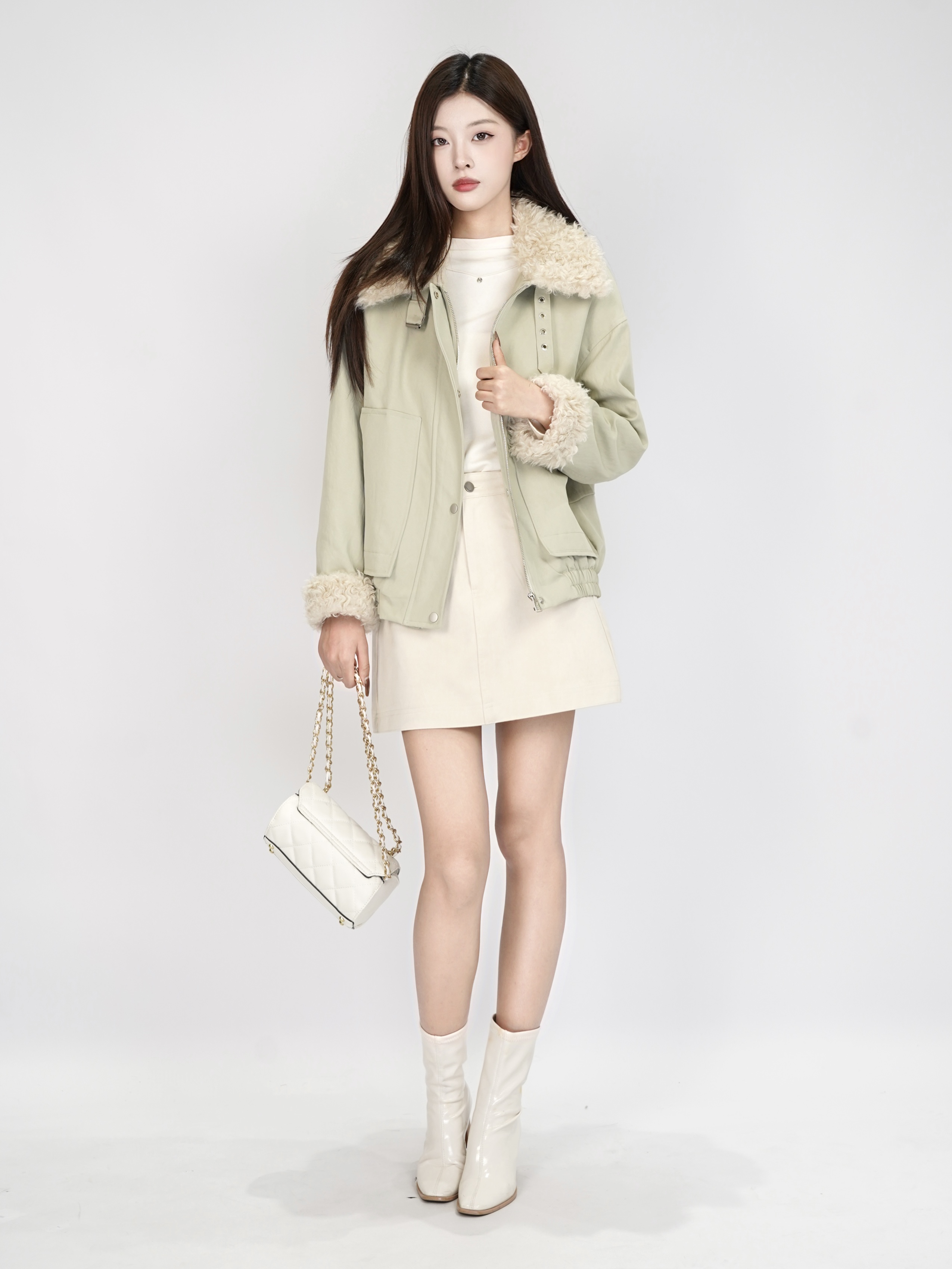 【NEW】冬季设计感时尚潮流保暖加绒外套+短半裙搭配套装