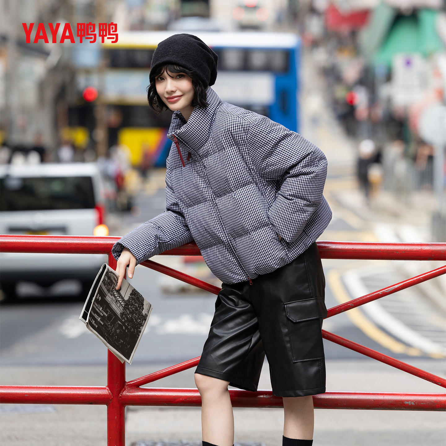 YAYA鸭鸭官方羽绒服短款千鸟格90绒宽松简约时尚加厚防寒保暖外套