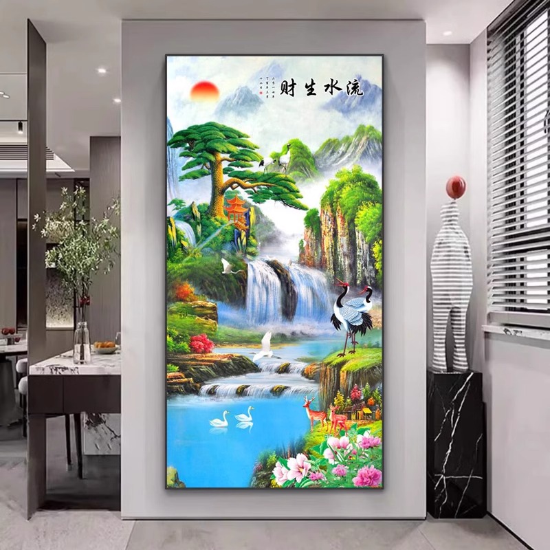 流水生财玄关装饰画2024年新款高端晶瓷画山水画入户走廊过道挂画