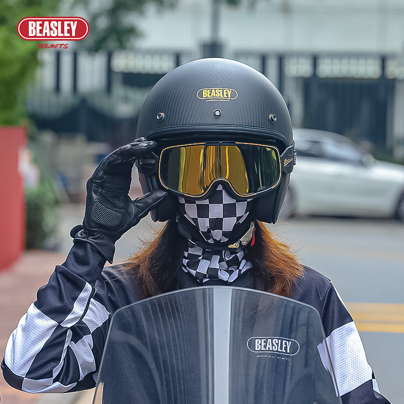 BEASLEY HELMETS比斯力复古摩托车碳纤维头盔机车踏板四分之三盔