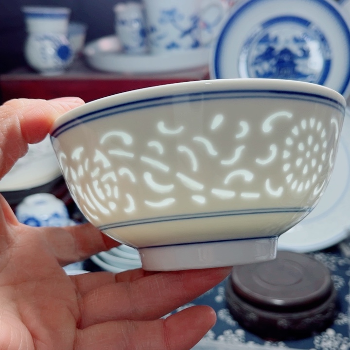 青花玲珑5寸饭碗满雕双福双线