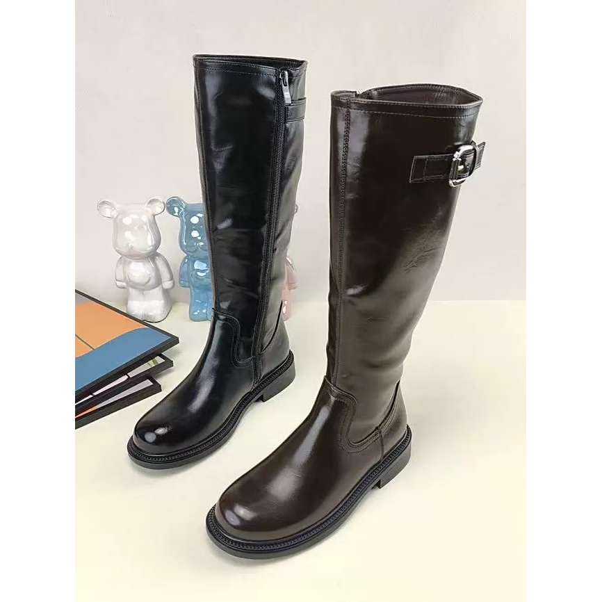 2024新款皮带扣平跟高筒骑士靴女英伦冬季加绒不过膝长靴C6-836-5