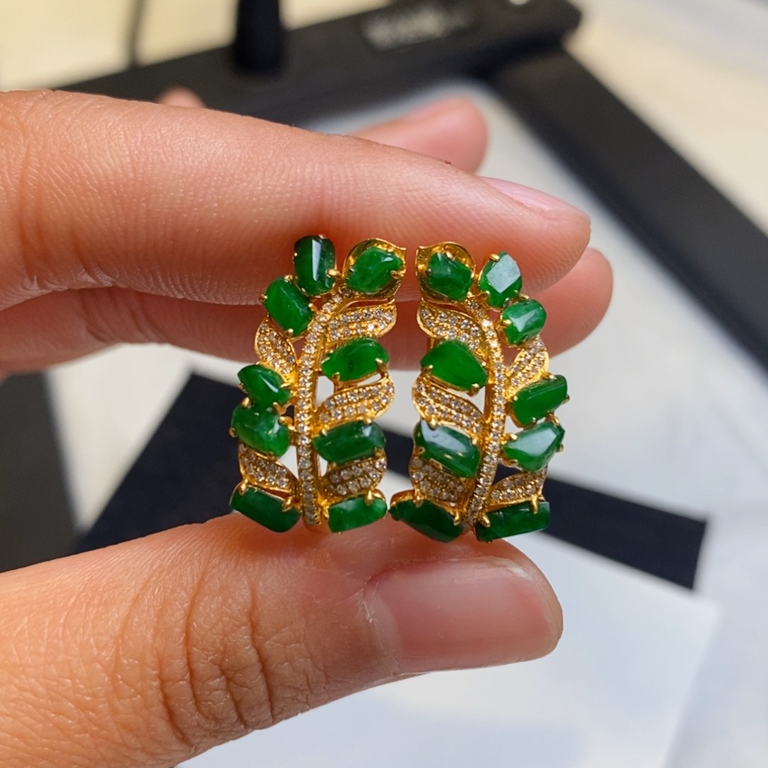 翡翠耳饰18K金镶嵌设计款麦穗耳包