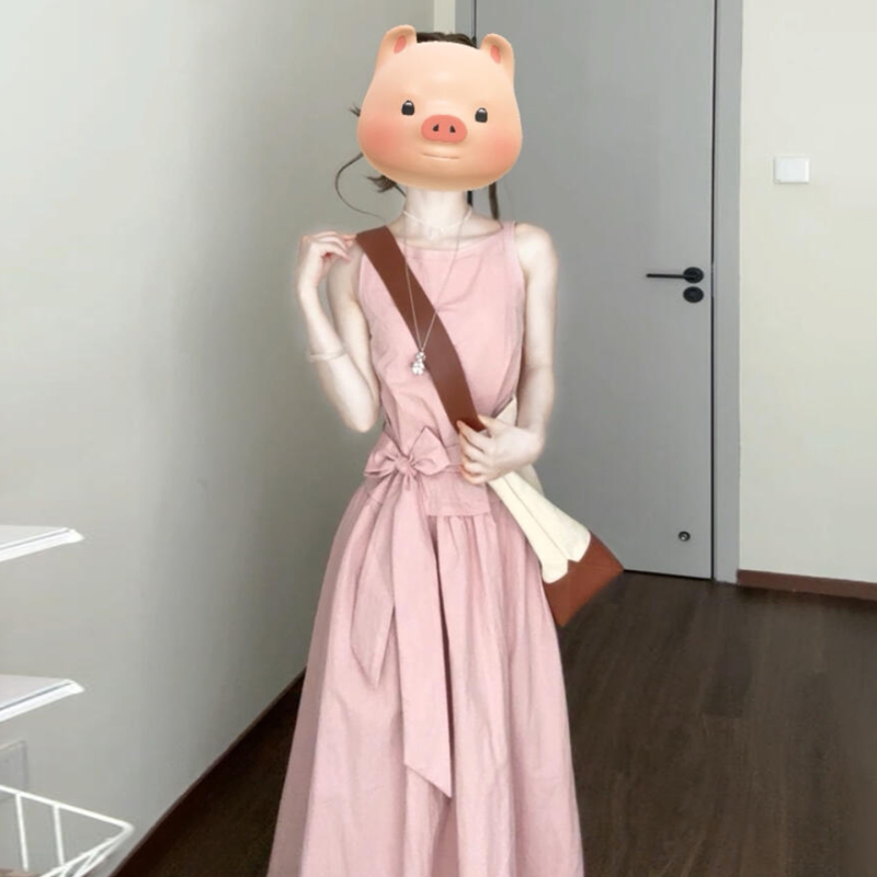 5058韩系粉色无袖背心连衣裙女装夏季2025新款温婉大方套装长裙子