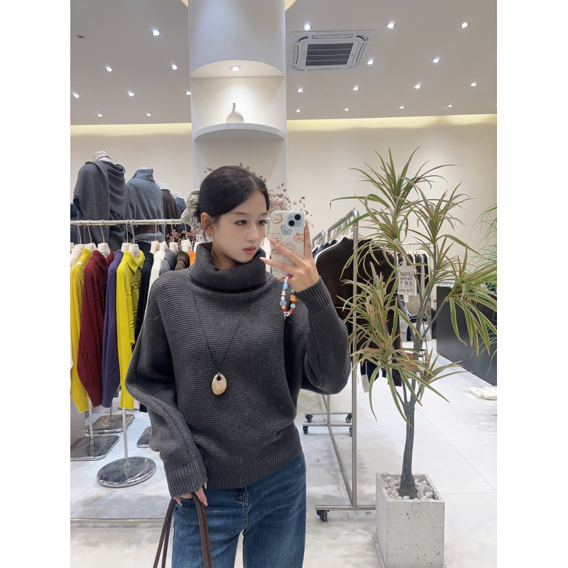 高级感堆堆领宽松套头毛衣女早秋2025新款慵懒风针织内搭上衣