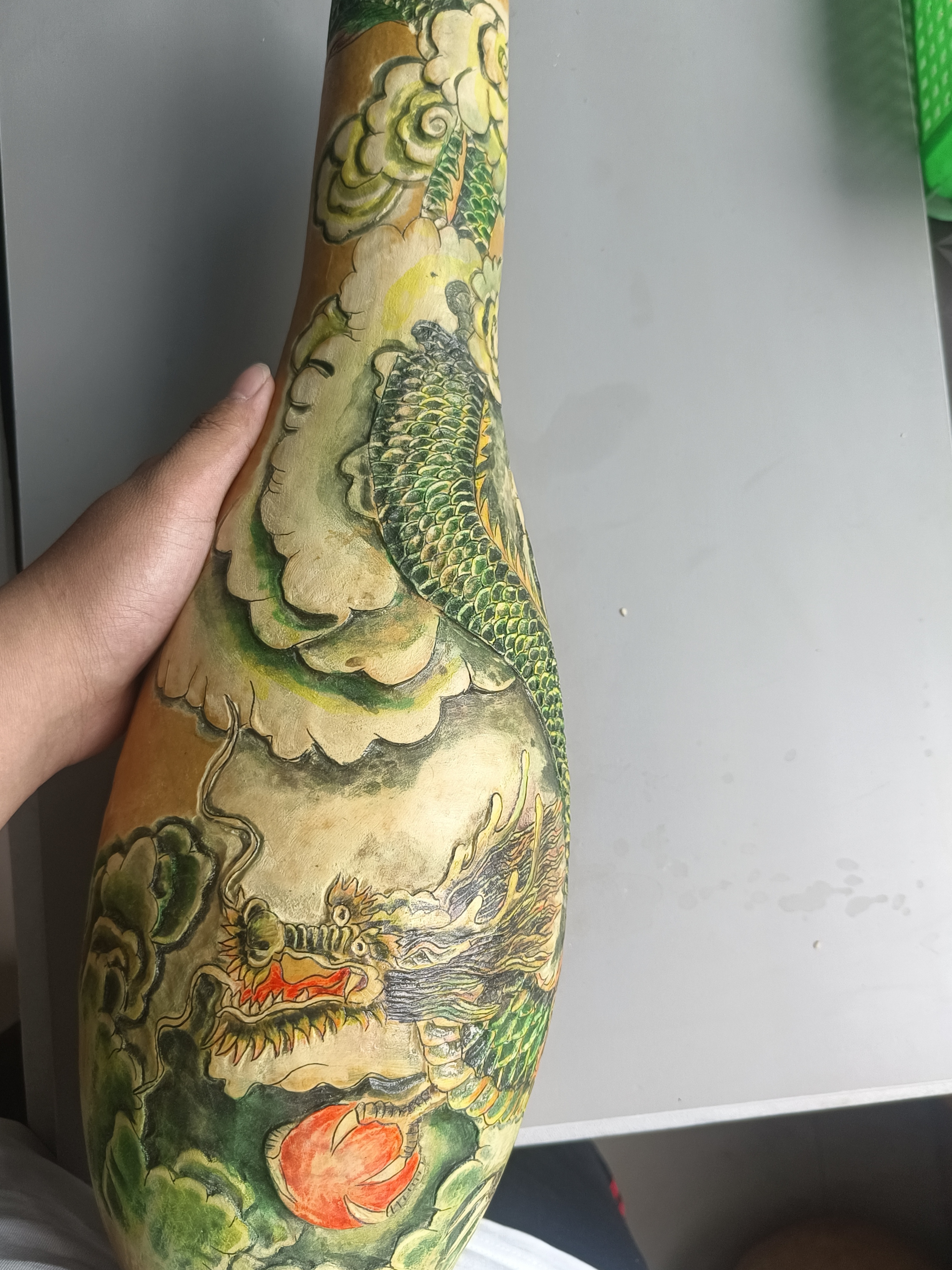 手工雕刻青龙戏珠葫芦摆件，民间藏品家居桌，无伤痕做工仔细。