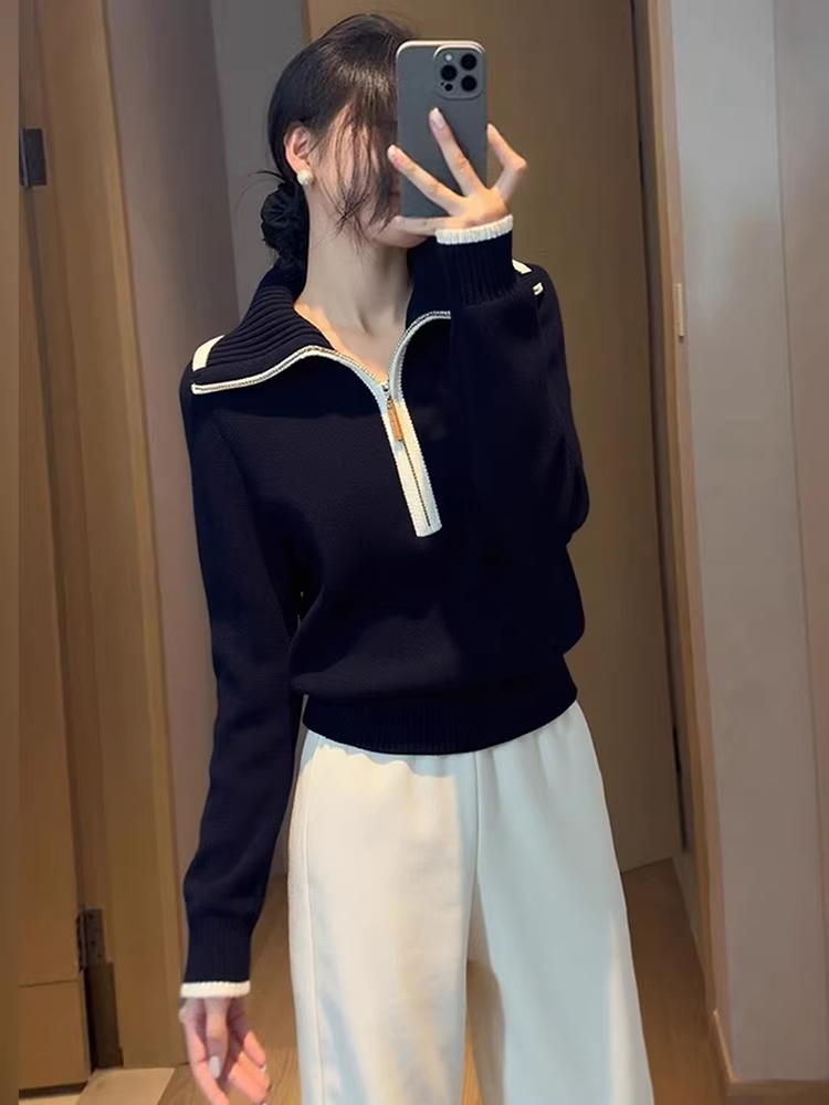 慵懒风韩系翻领半拉链针织衫女秋冬新款软糯内搭洋气显瘦上衣打底