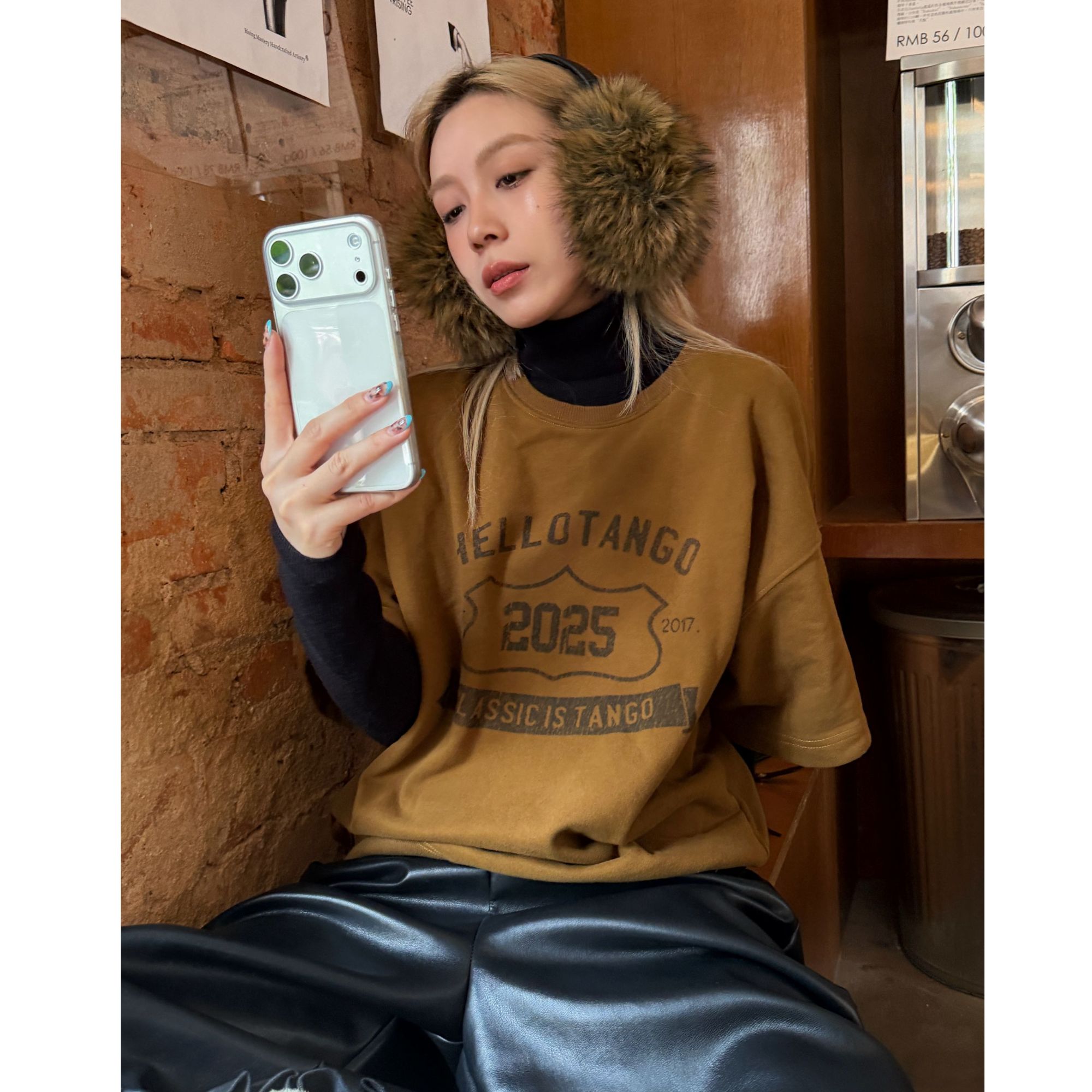 HELLOTANGO《TG学院》秋冬韩系简约百搭印花加绒套头短袖卫衣65968#