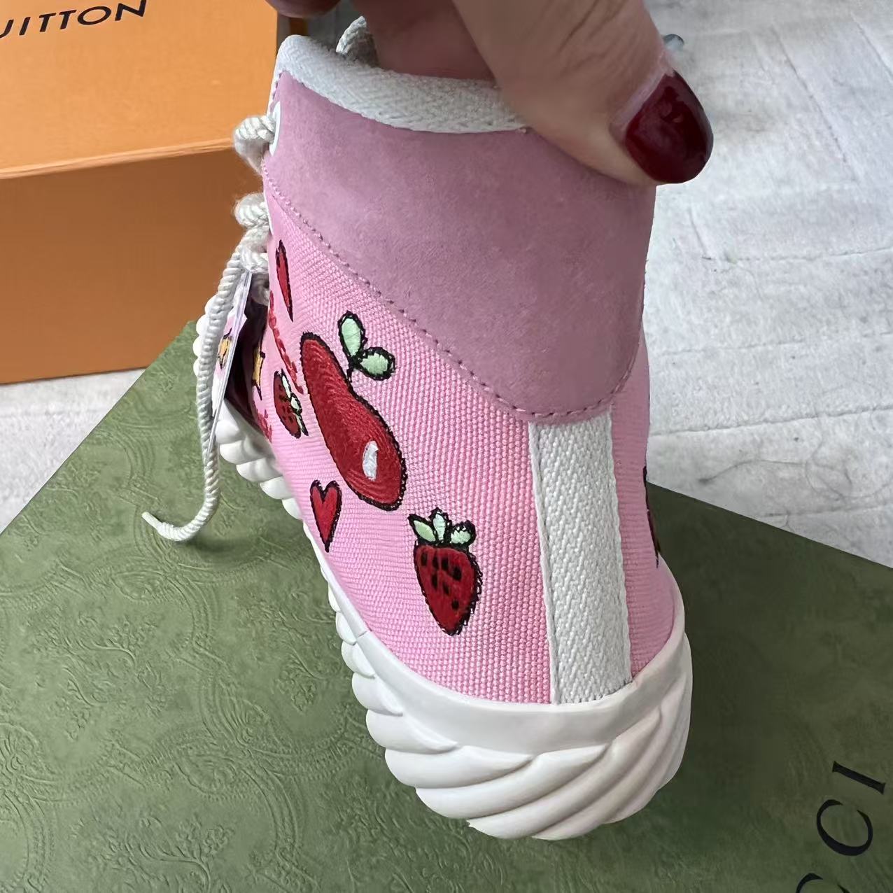 95新 GUCCI/古驰 麦殿/粉色高帮帆布鞋板鞋 36码/250118VFXTL03