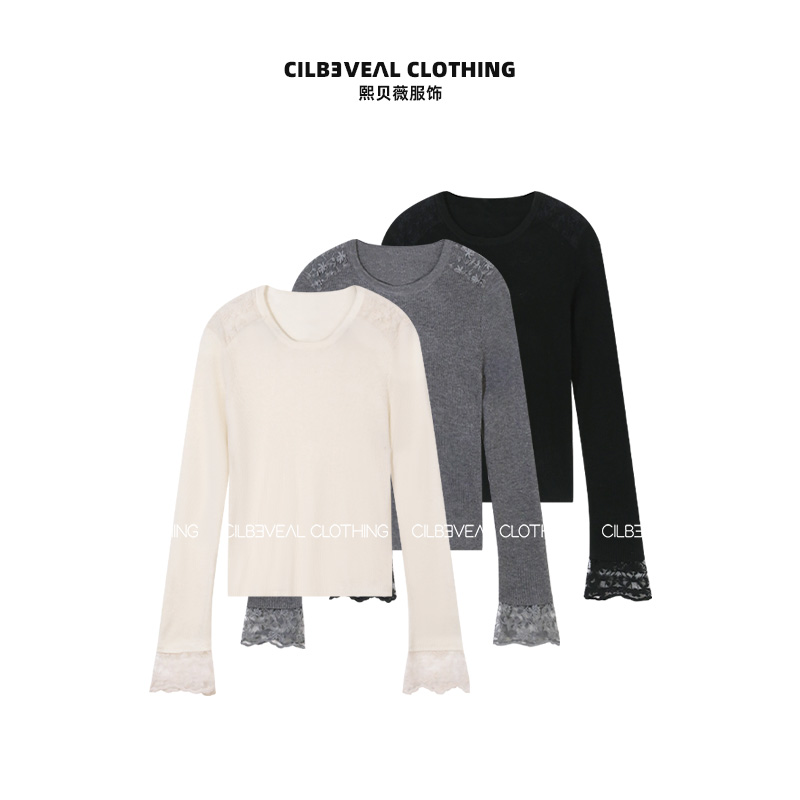 熙贝薇6 绵羊毛双肩拼接蕾丝圆领叠穿内搭手工钩花针织衫 G5673