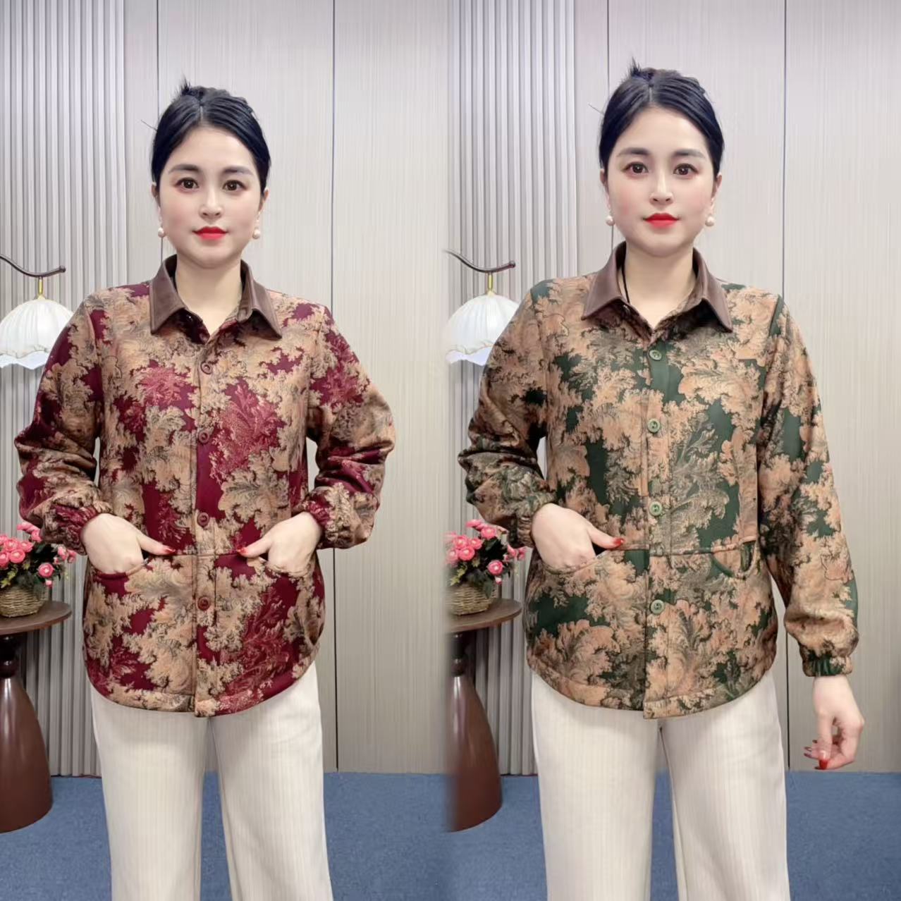 2025新款复古碎花长袖外套洋气加绒翻领夹克休闲风