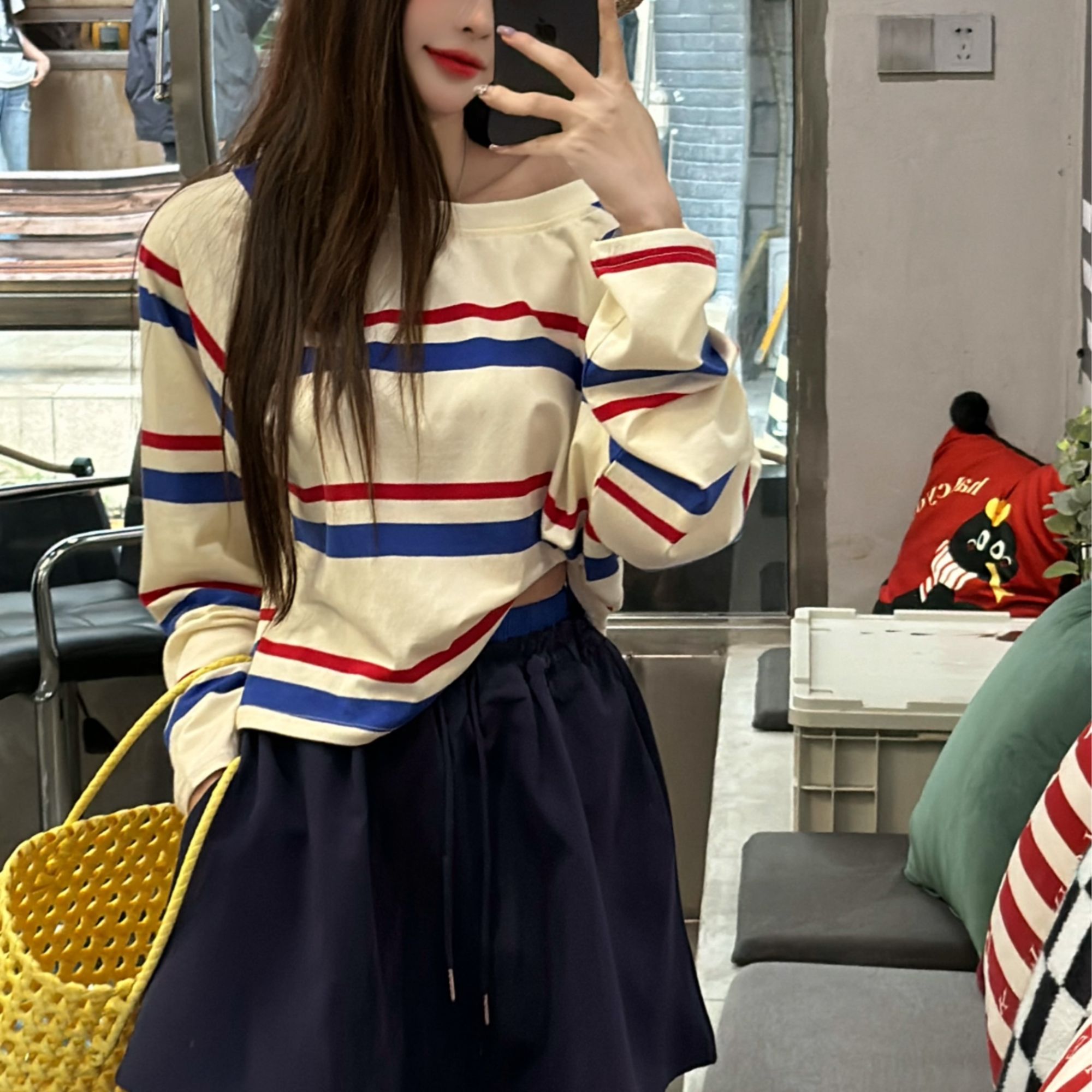  【十一家】新款美式复古辣妹风撞色条纹斜肩长袖T恤套装E2312