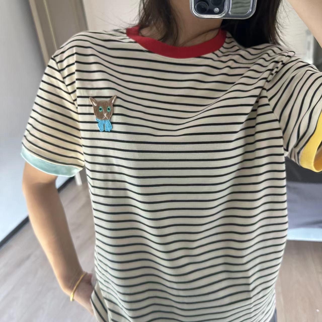 新款高街短袖T恤女甜辣设计感美式夏季灰色宽松撞色简约上衣潮