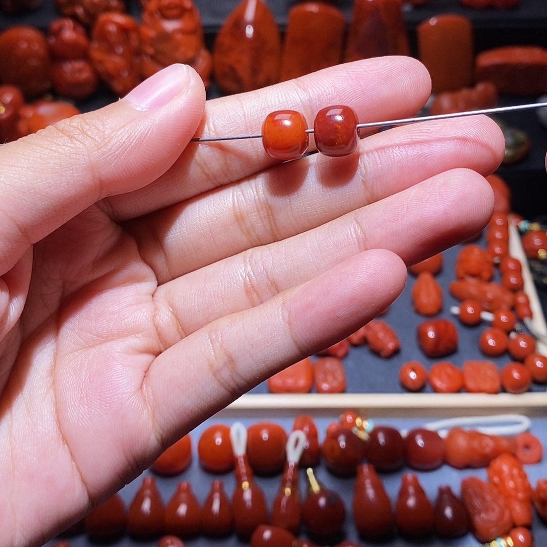 9***1南红玛瑙未镶嵌火焰纹珠子2颗