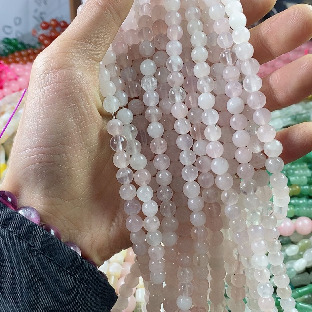 玛瑙/玉髓珠宝半成品合金一条天然7mm粉晶圆珠