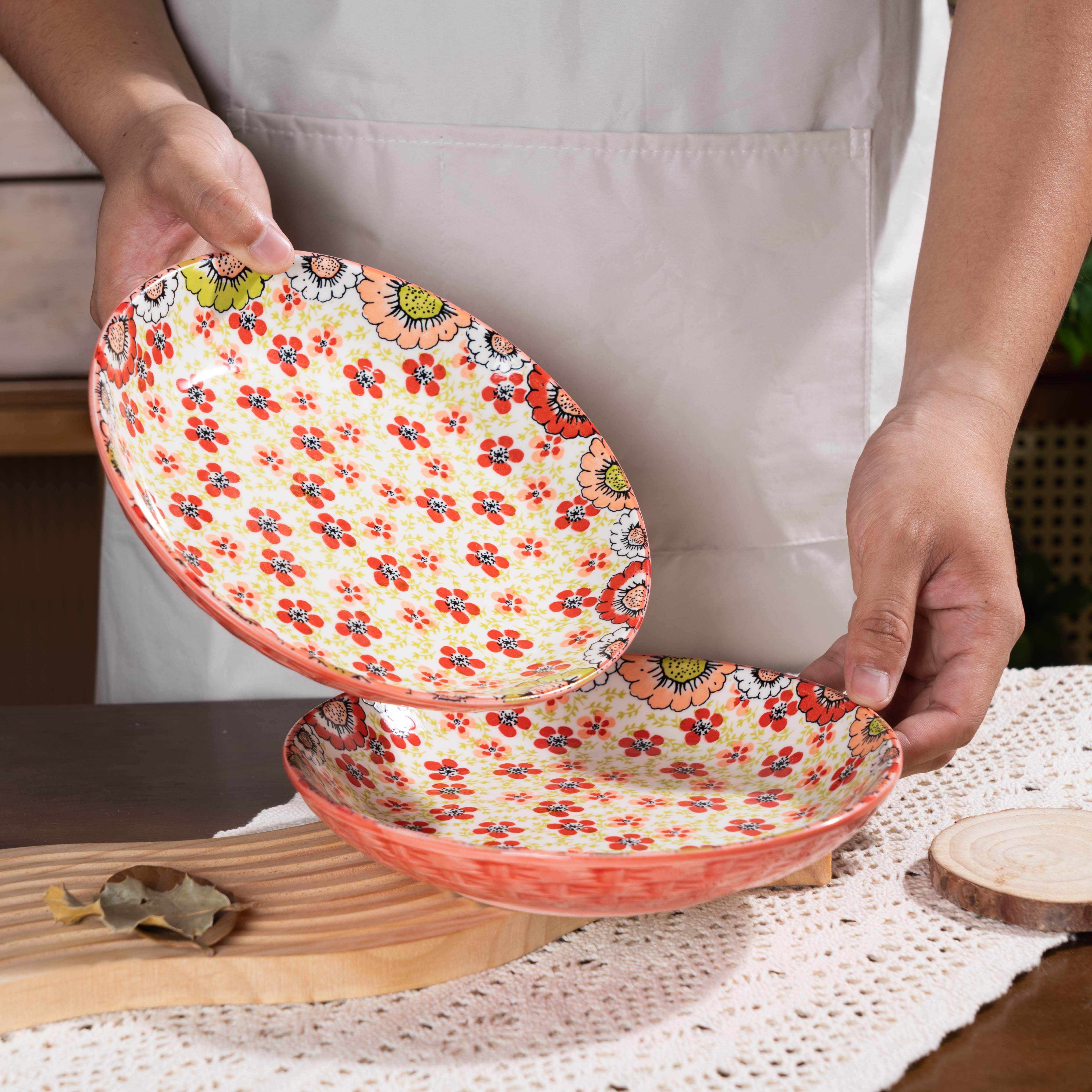 【竹编嫣红圆盘】新疆包邮家用陶瓷8寸圆菜盘2只装菜盘子小菜碟