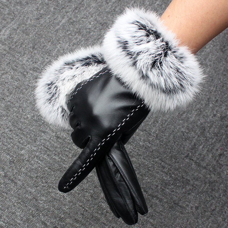 真皮手套女士冬季加绒保暖可爱兔毛口开车骑行可触屏防寒头层羊皮