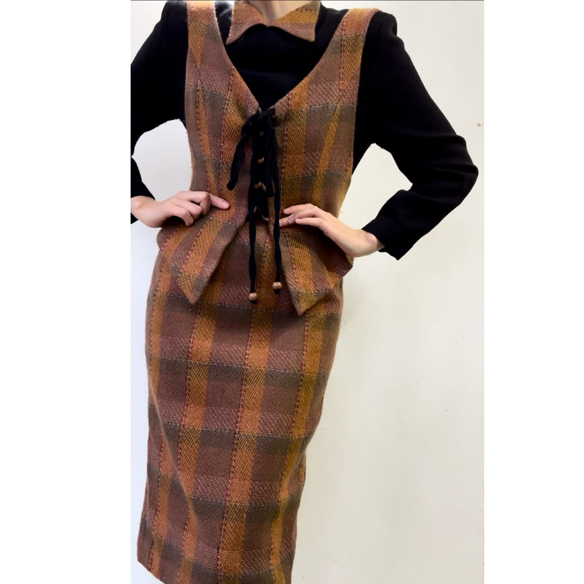 古着vintage|橙色系假三件套羊毛马甲款连衣裙