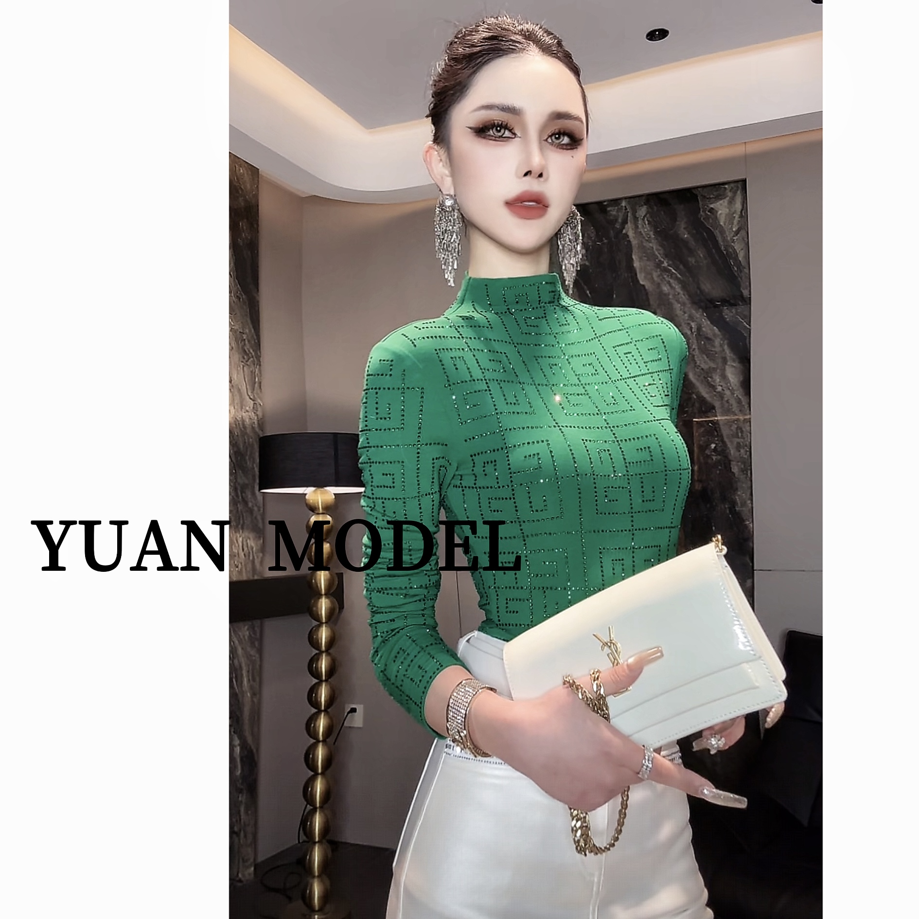 YUAN MODEL/媛老板-时装立领回型烫钻气质长袖T恤弹力打底121463
