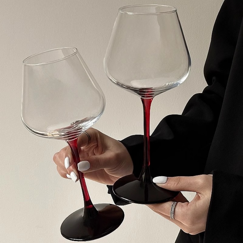 红杆黑领结红酒杯高脚杯家用ins风 网红葡萄酒勃艮第大肚香槟杯子