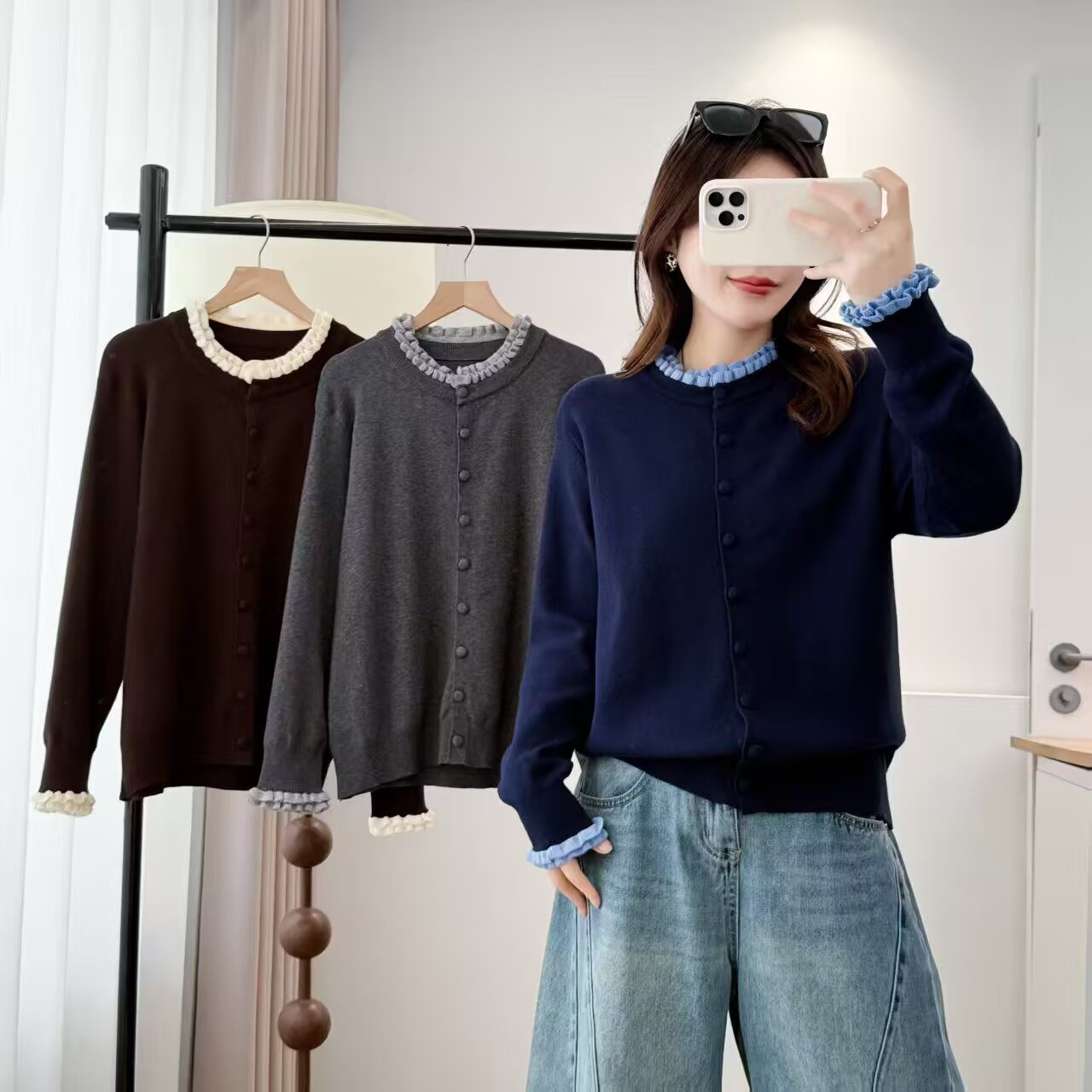 大码木耳边圆领针织衫上衣女秋冬韩版时尚百搭长袖开衫毛衣外套