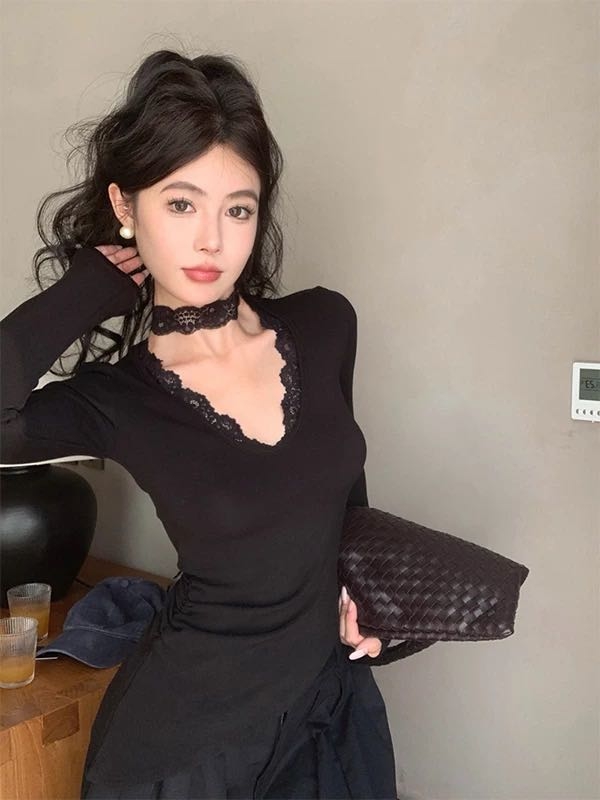 【500 -599】 秋季修身锁骨露肩上衣打底衫辣妹纯欲一字肩长袖T恤