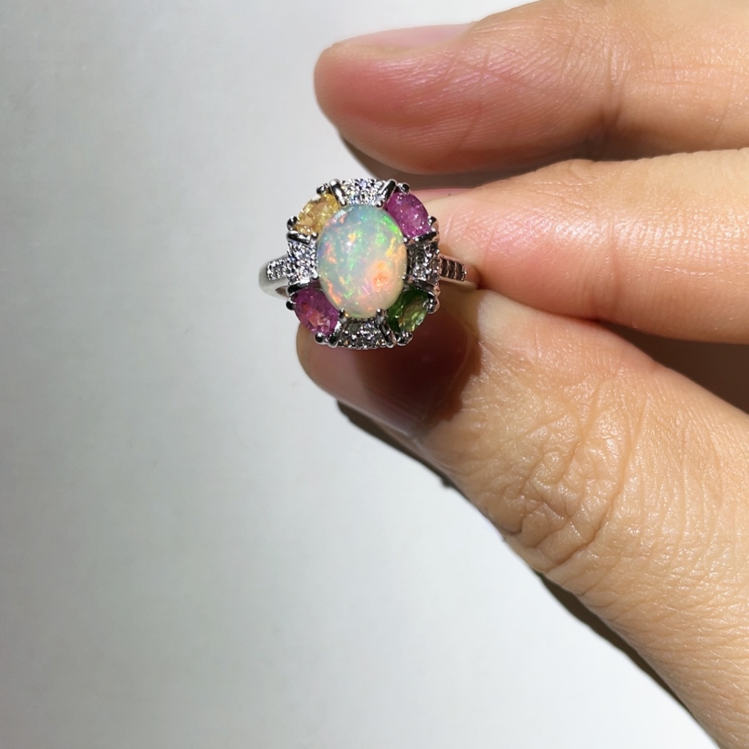 欧泊戒指银S925镶嵌澳宝