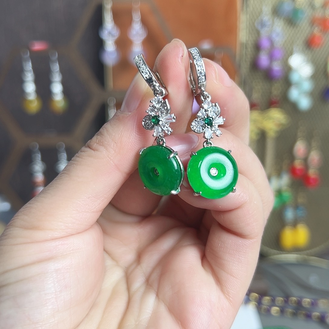 银S925镶嵌耳钉玛瑙/玉髓绿色