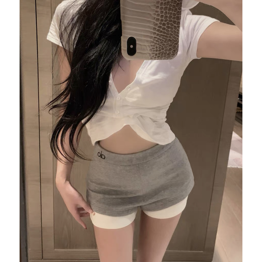 alo新款韩版时尚百搭显瘦假两件短裤女宽松休闲减龄裤子潮ALO-38