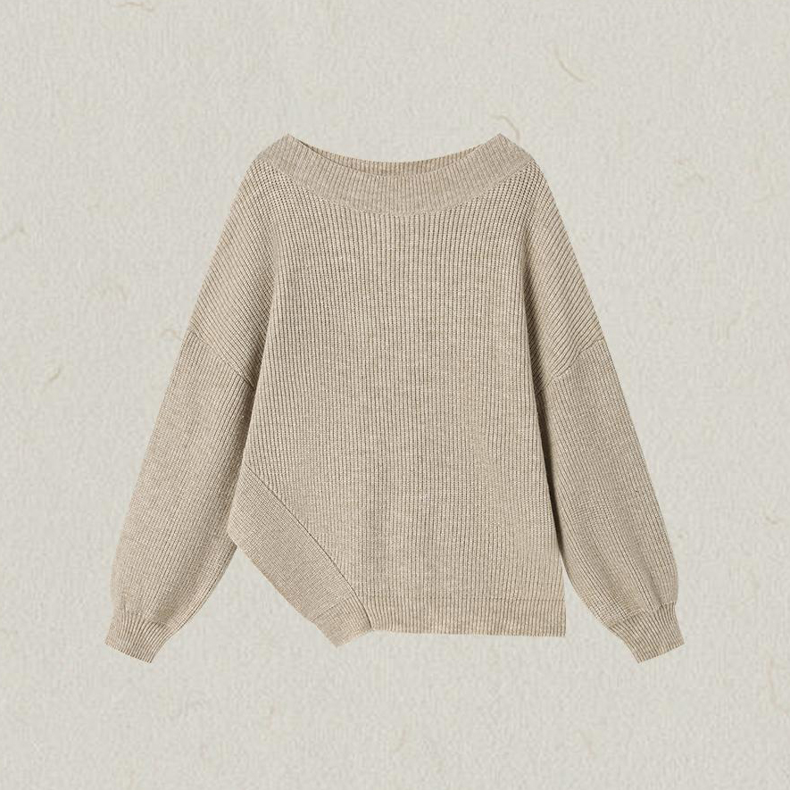 【赵露思同款】一字肩竖条纹不规则下摆套头毛衣女士宽松显瘦上衣