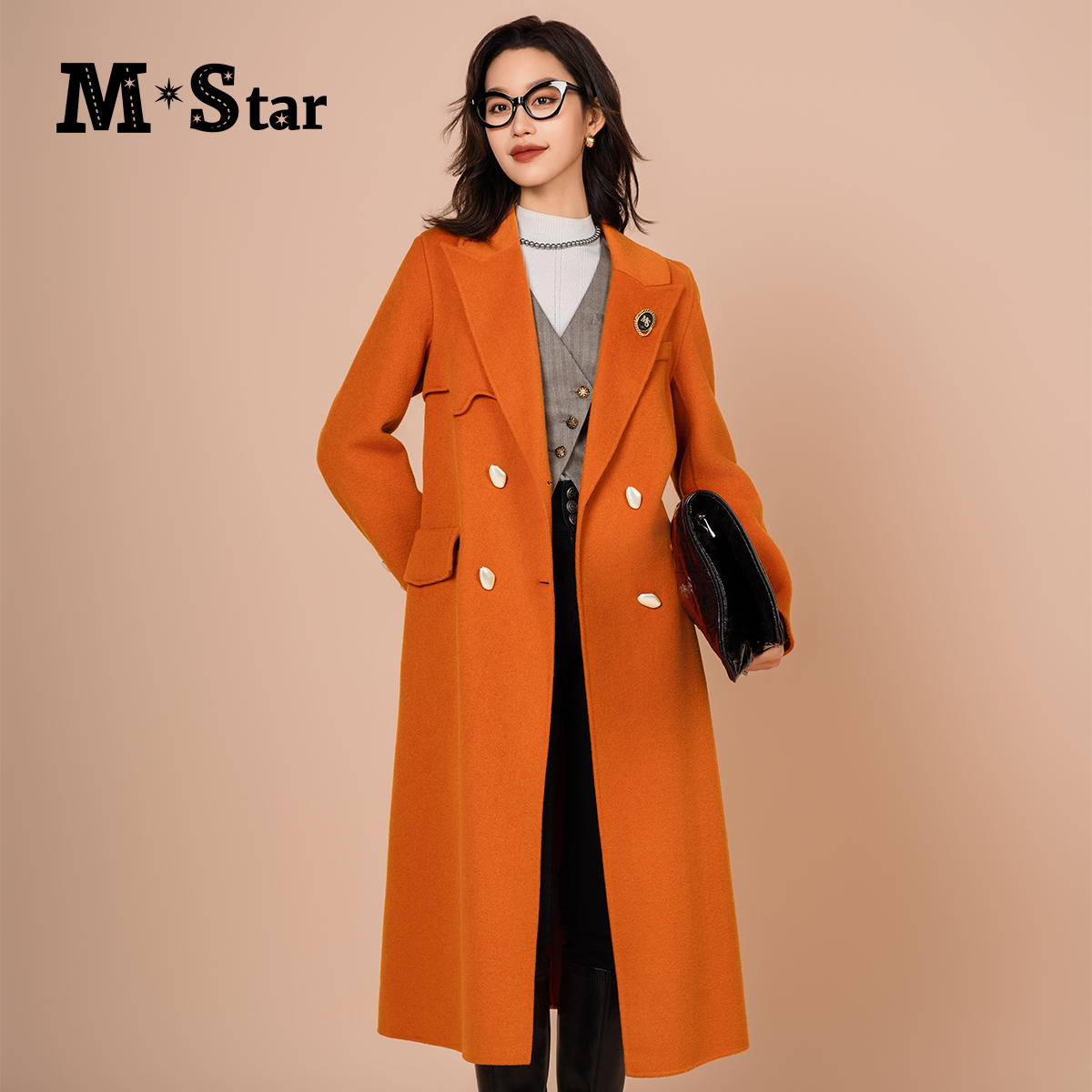 【蜜思仝】M-Star橙色复古高级纯绵羊毛双面呢中长款大衣SCEG144551
