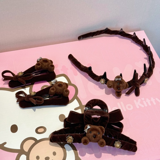 23314咖色丝绒小熊发箍对夹抓夹