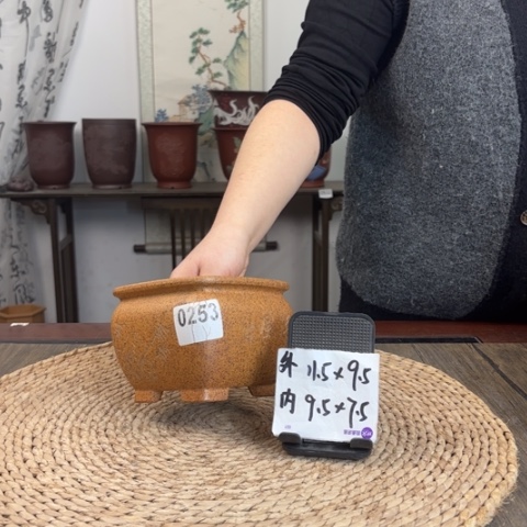 紫砂花盆柴烧束口小方竹刻0253