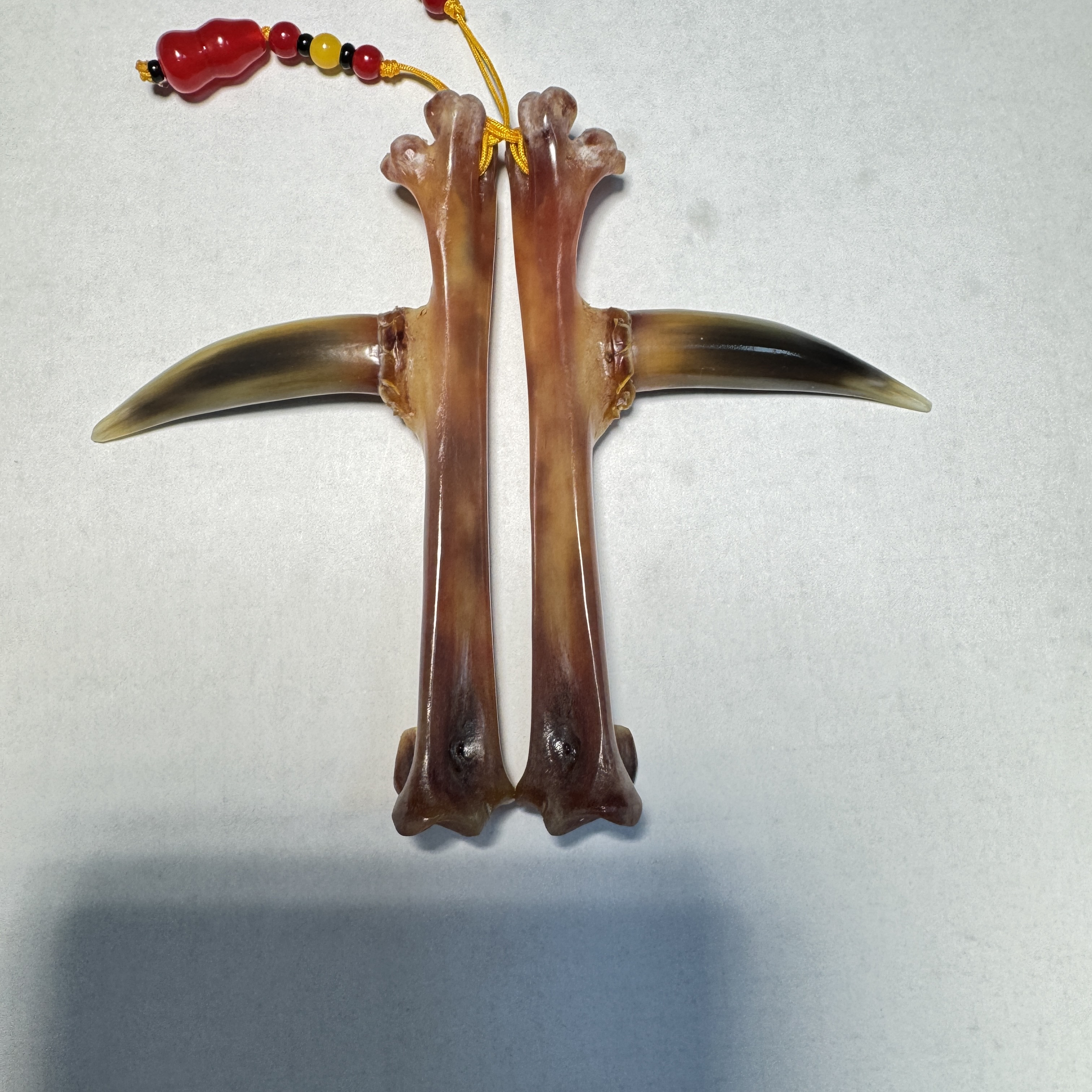 鸡爪骨工艺品，炫彩蹬鸡爪骨一对