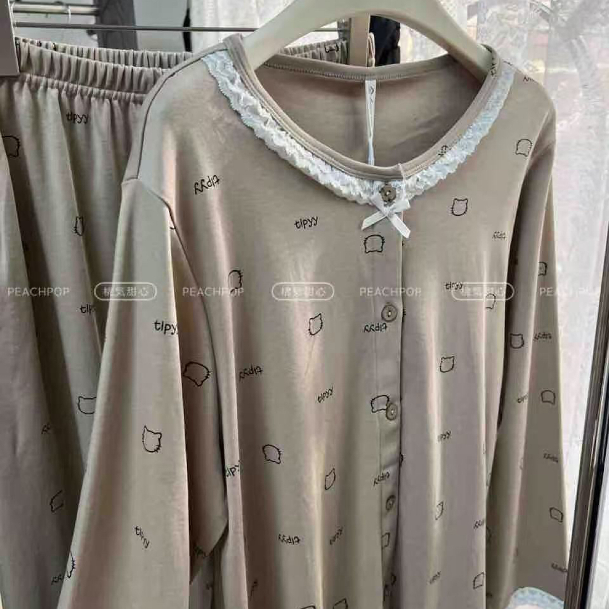 女士秋冬长袖长裤棉质睡衣带花边绿色蝴蝶结时尚可爱